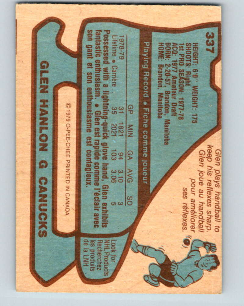 1979-80 O-Pee-Chee #337 Glen Hanlon RC Rookie Vancouver Canucks V20187