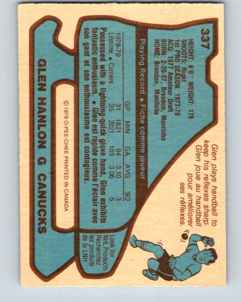 1979-80 O-Pee-Chee #337 Glen Hanlon RC Rookie Vancouver Canucks V20189