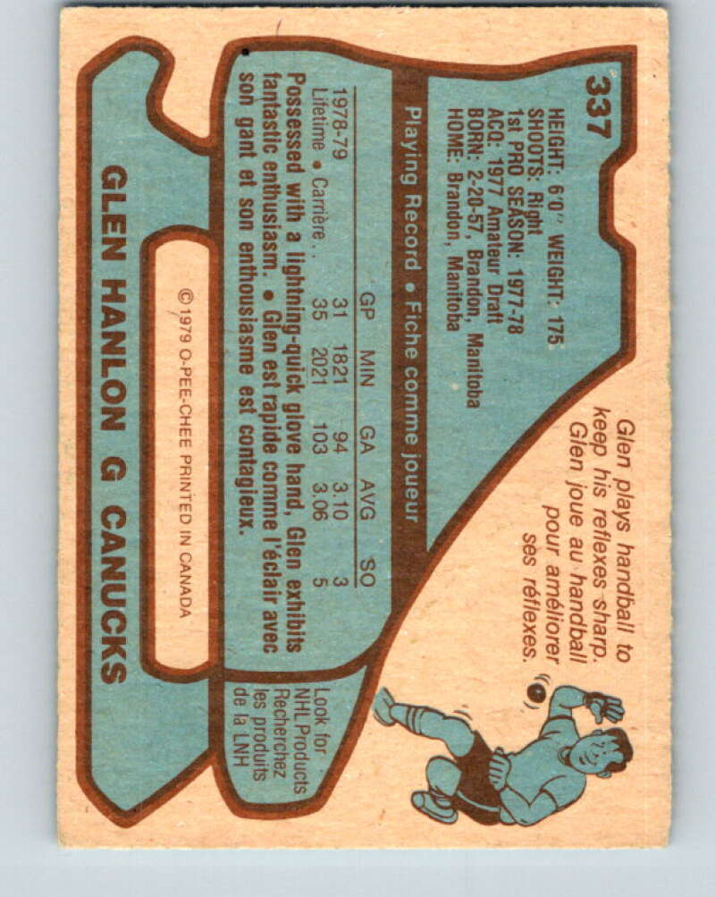 1979-80 O-Pee-Chee #337 Glen Hanlon RC Rookie Vancouver Canucks V20190