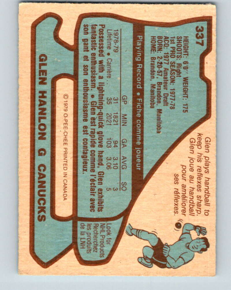 1979-80 O-Pee-Chee #337 Glen Hanlon RC Rookie Vancouver Canucks V20191