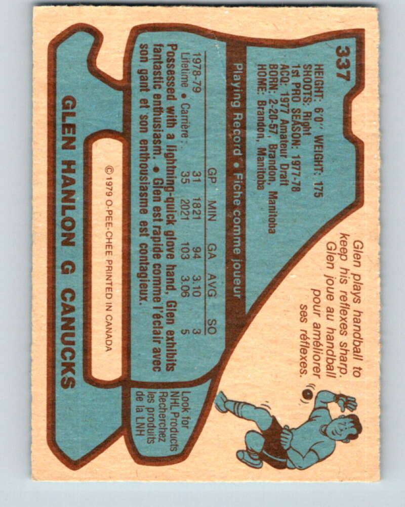 1979-80 O-Pee-Chee #337 Glen Hanlon RC Rookie Vancouver Canucks V20193