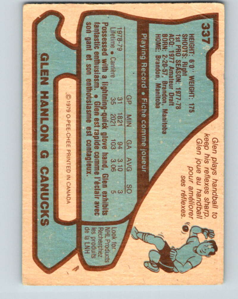 1979-80 O-Pee-Chee #337 Glen Hanlon RC Rookie Vancouver Canucks V20195