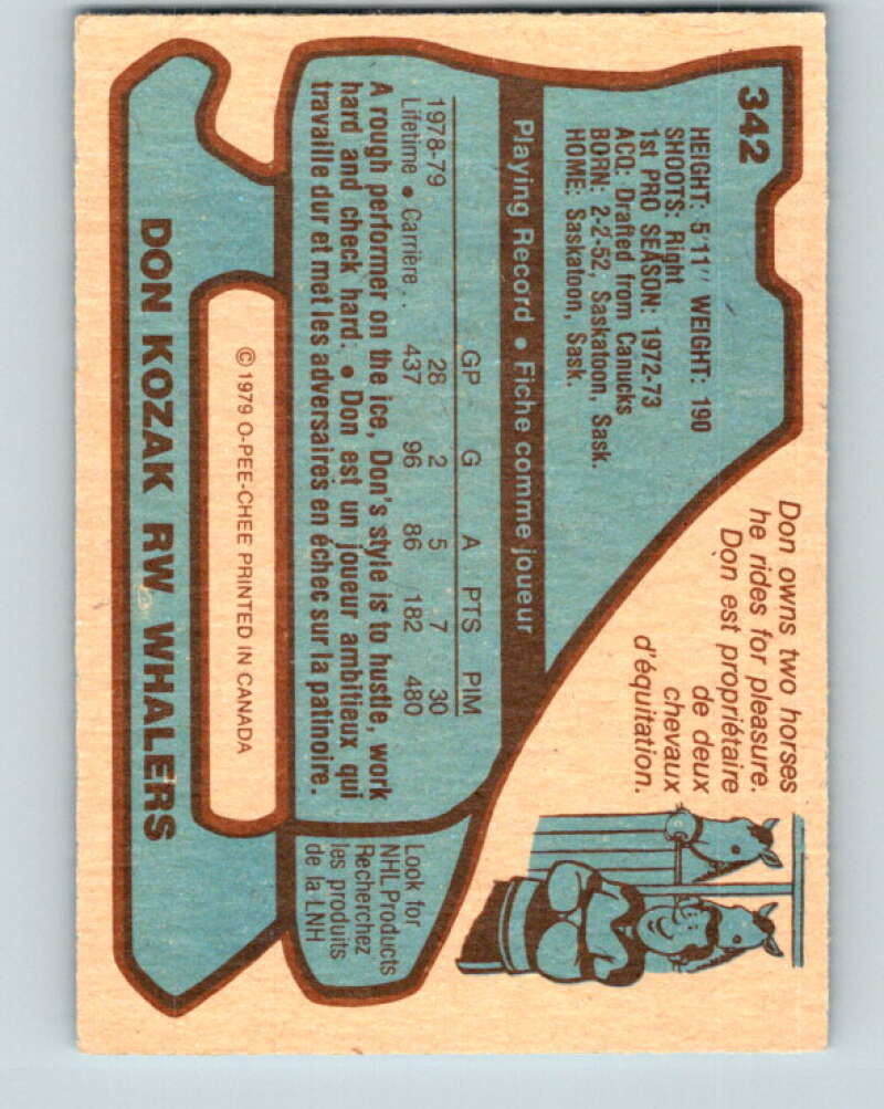 1979-80 O-Pee-Chee #342 Don Kozak Hartford Whalers V20243