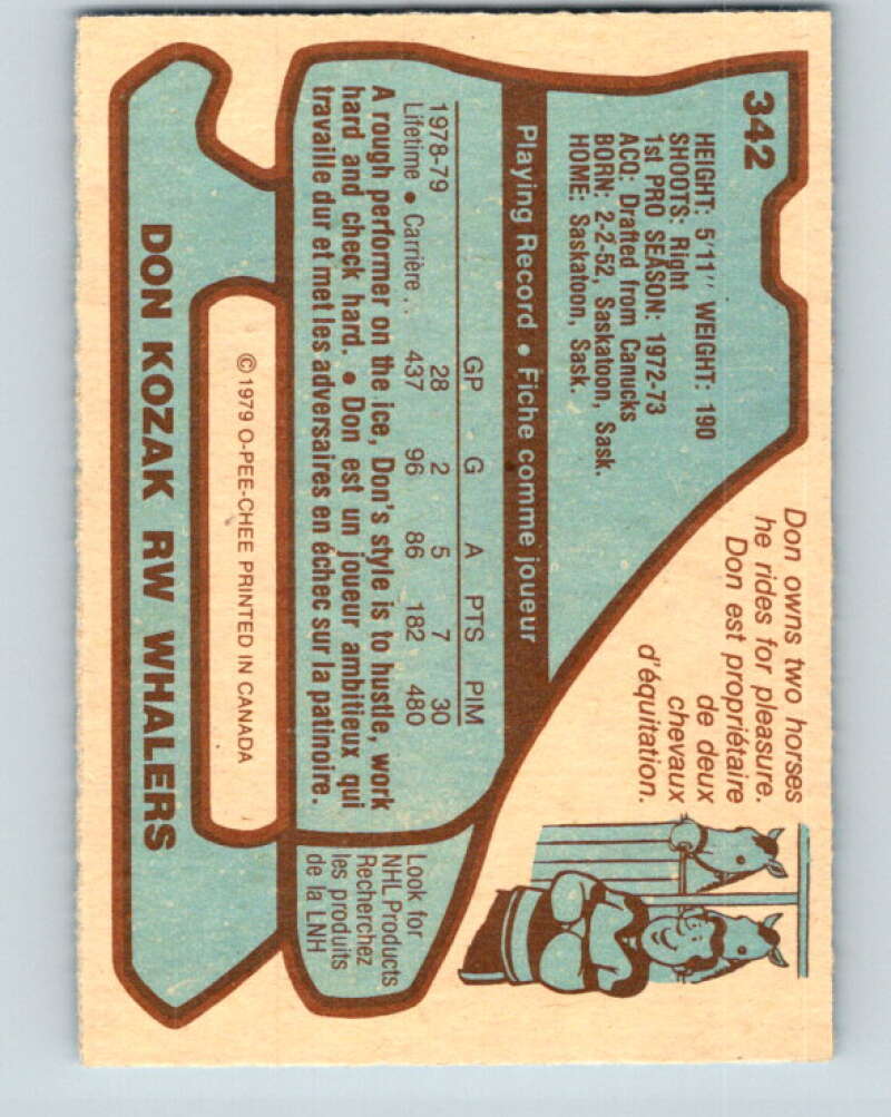 1979-80 O-Pee-Chee #342 Don Kozak Hartford Whalers V20246