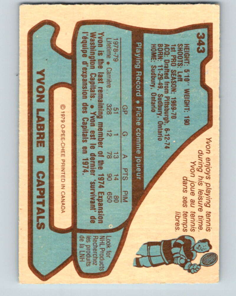 1979-80 O-Pee-Chee #343 Yvon Labre Washington Capitals V20254