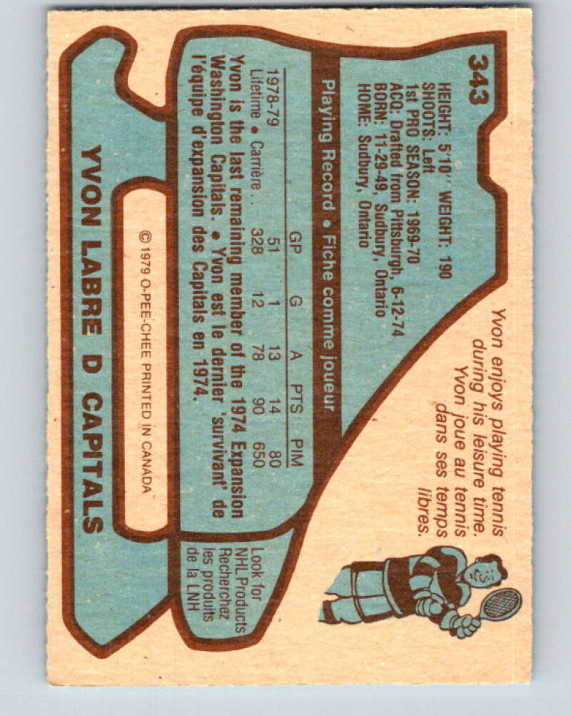 1979-80 O-Pee-Chee #343 Yvon Labre Washington Capitals V20256