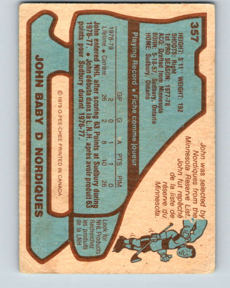 1979-80 O-Pee-Chee #357 John Baby Quebec Nordiques V20389