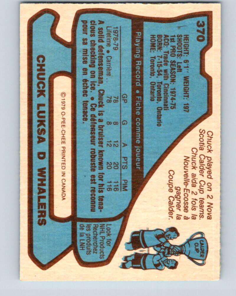 1979-80 O-Pee-Chee #370 Chuck Luksa RC Rookie Hartford Whalers V20498