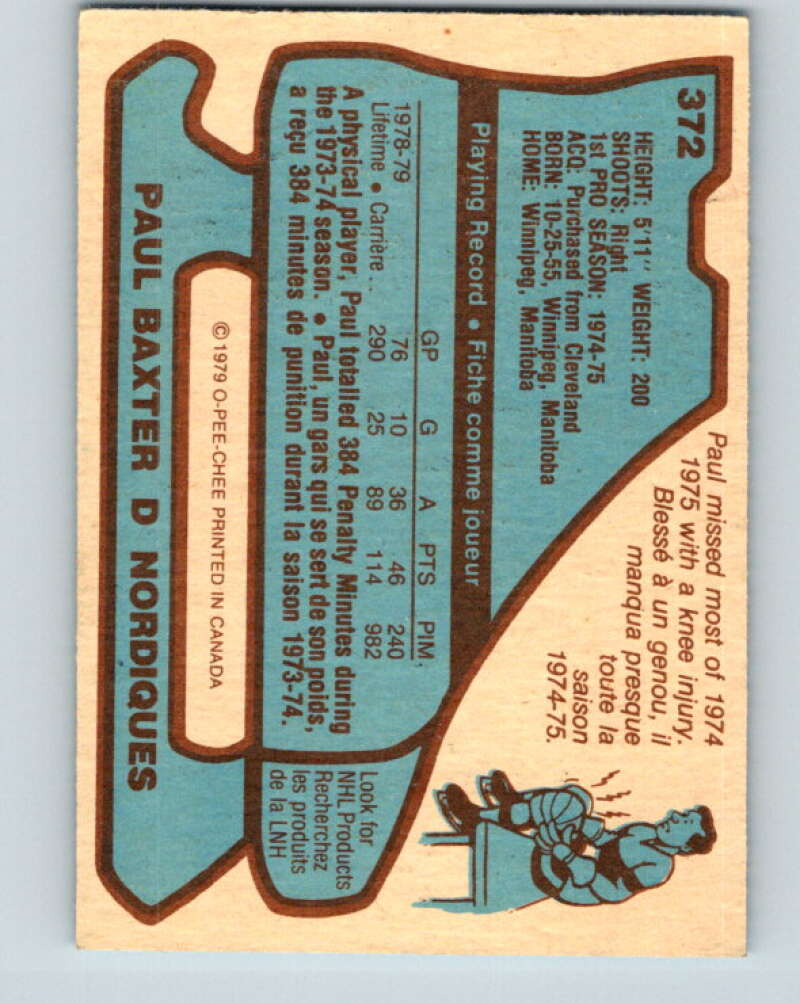 1979-80 O-Pee-Chee #372 Paul Baxter RC Rookie Quebec Nordiques V20530