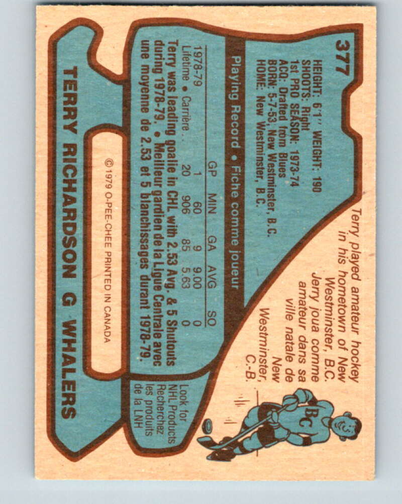 1979-80 O-Pee-Chee #377 Terry Richardson RC Rookie Hartford Whalers V20583