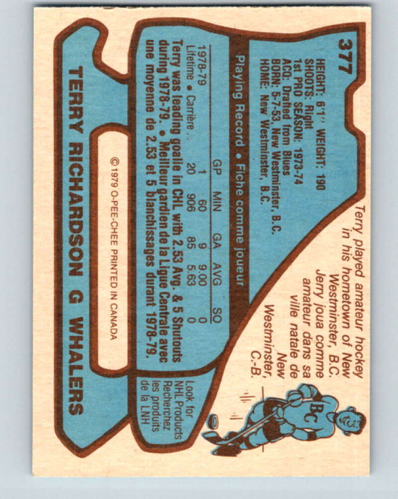 1979-80 O-Pee-Chee #377 Terry Richardson RC Rookie Hartford Whalers V20584