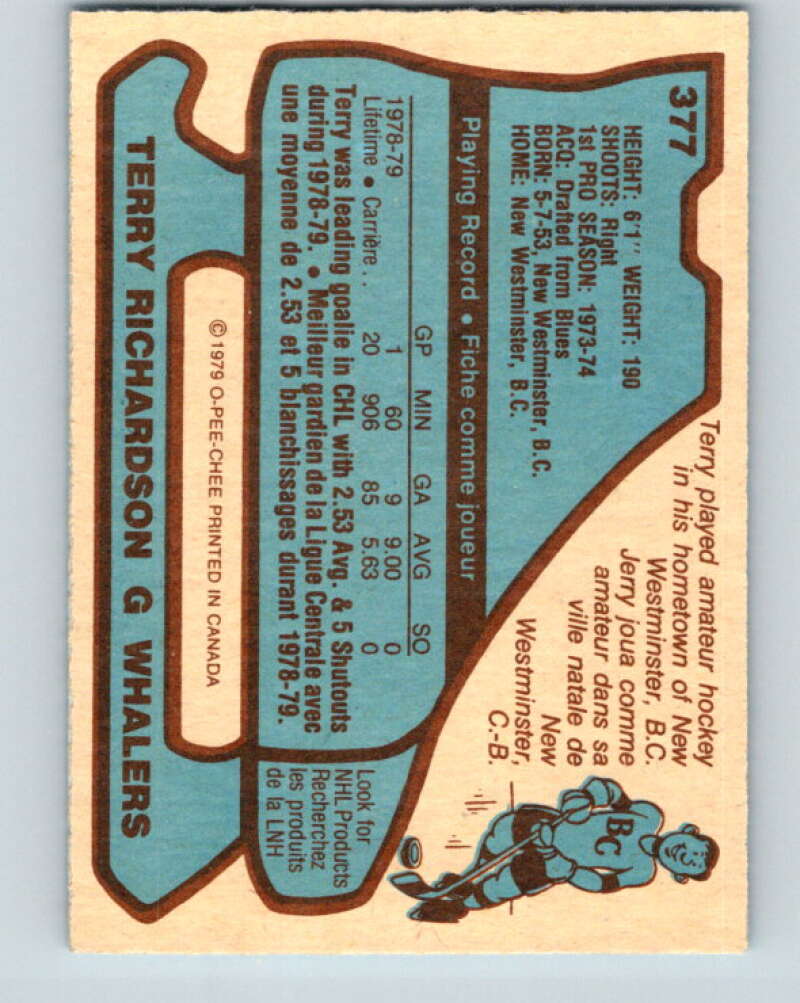 1979-80 O-Pee-Chee #377 Terry Richardson RC Rookie Hartford Whalers V20586