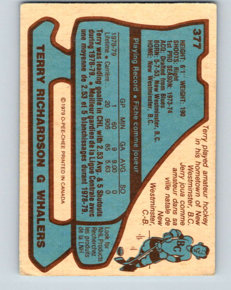 1979-80 O-Pee-Chee #377 Terry Richardson RC Rookie Hartford Whalers V20589
