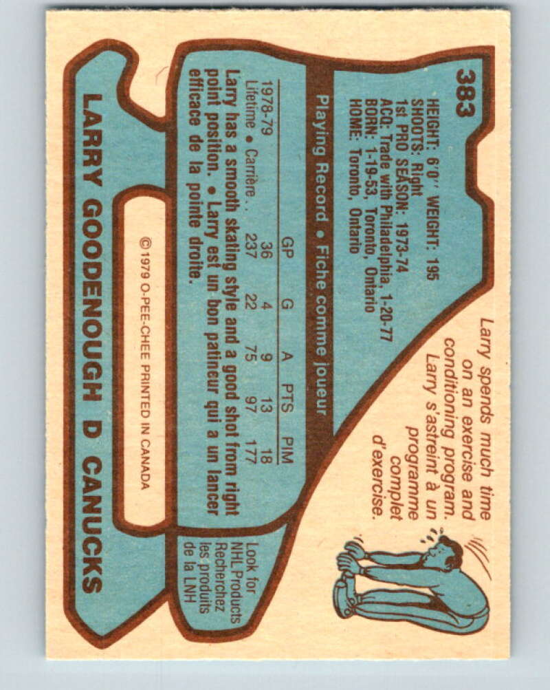 1979-80 O-Pee-Chee #383 Larry Goodenough Vancouver Canucks V20640