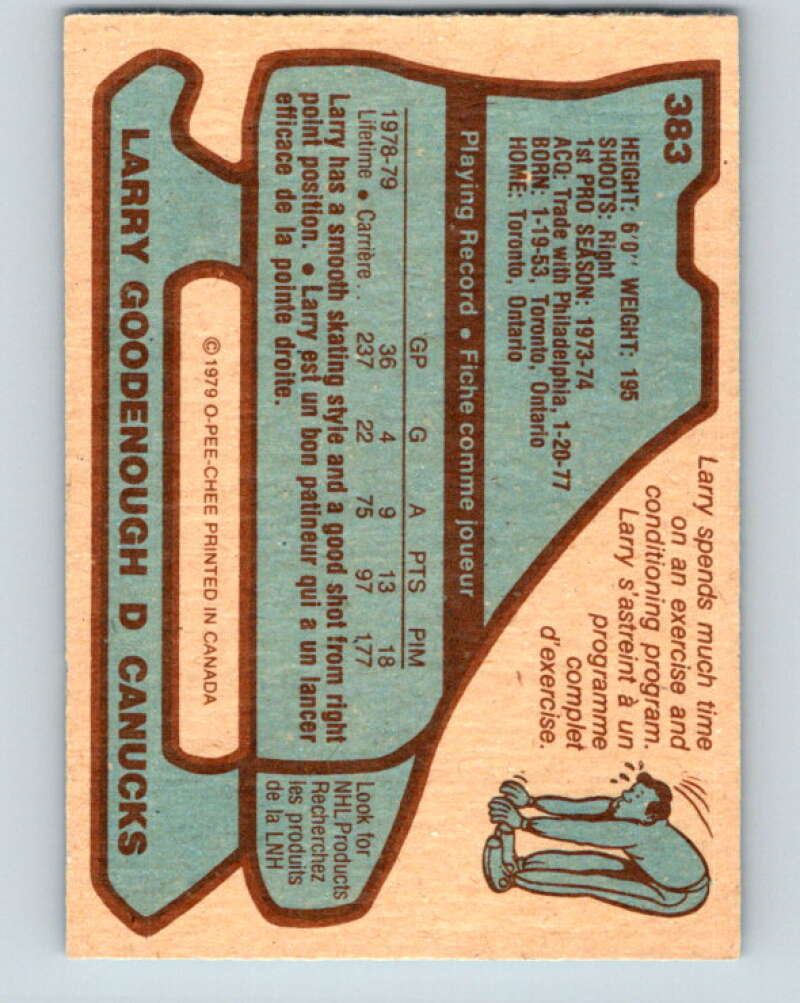 1979-80 O-Pee-Chee #383 Larry Goodenough Vancouver Canucks V20651