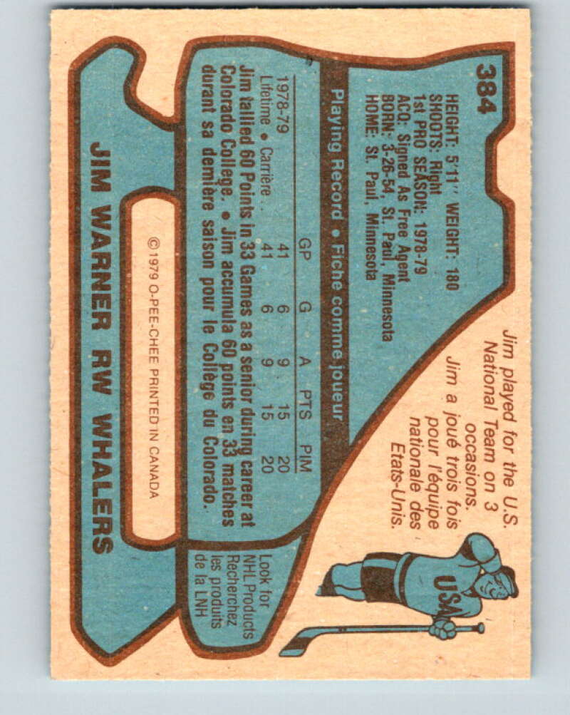 1979-80 O-Pee-Chee #384 Jim Warner RC Rookie Hartford Whalers V20656