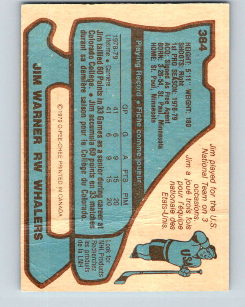 1979-80 O-Pee-Chee #384 Jim Warner RC Rookie Hartford Whalers V20664