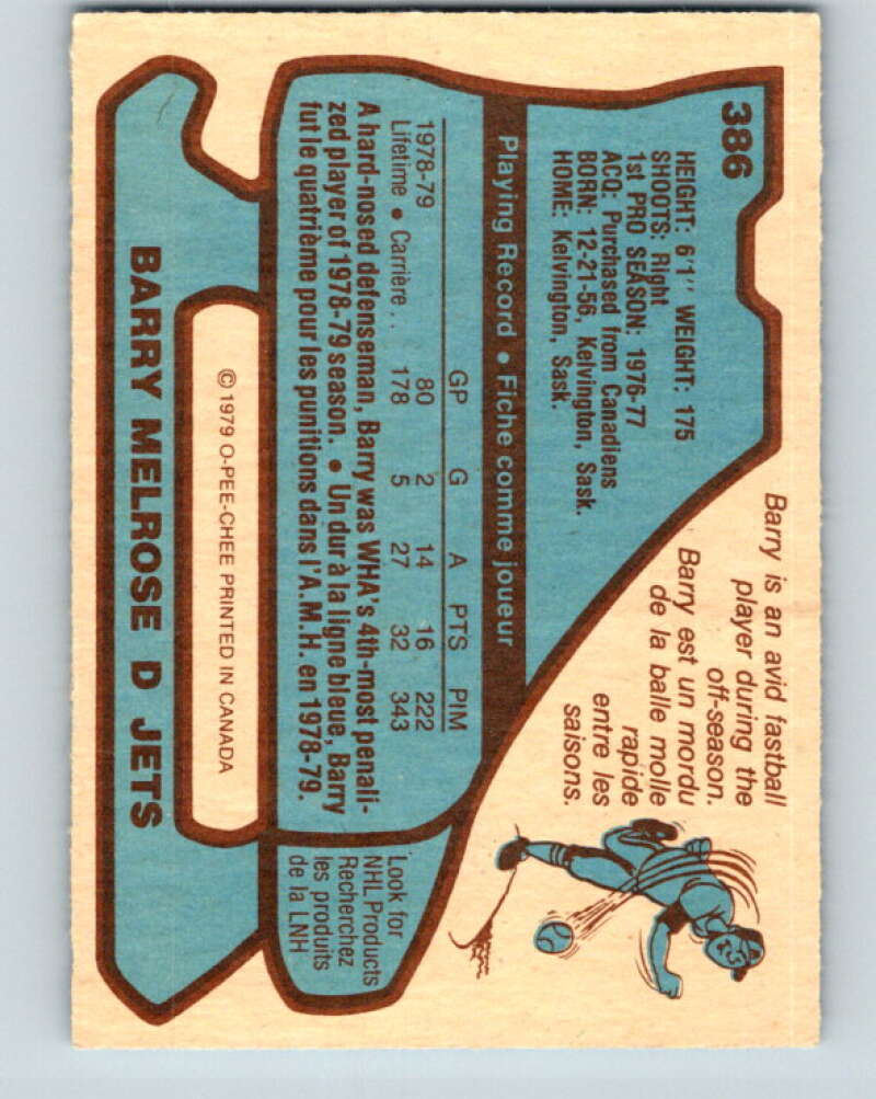 1979-80 O-Pee-Chee #386 Barry Melrose RC Rookie Winnipeg Jets V20680