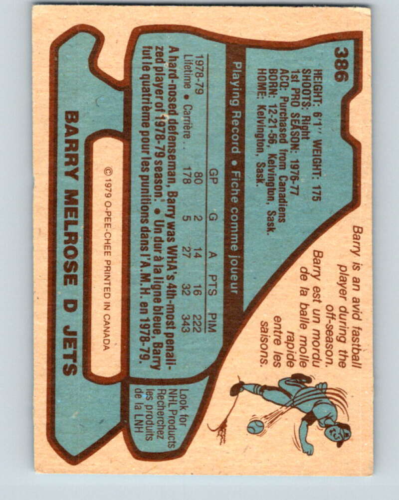 1979-80 O-Pee-Chee #386 Barry Melrose RC Rookie Winnipeg Jets V20681