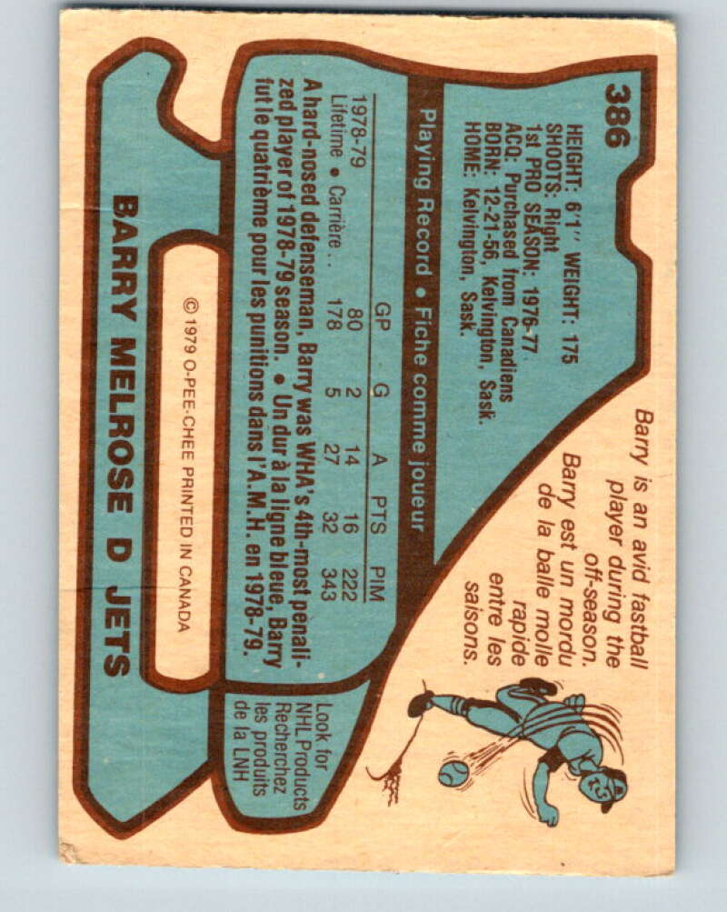 1979-80 O-Pee-Chee #386 Barry Melrose RC Rookie Winnipeg Jets V20683