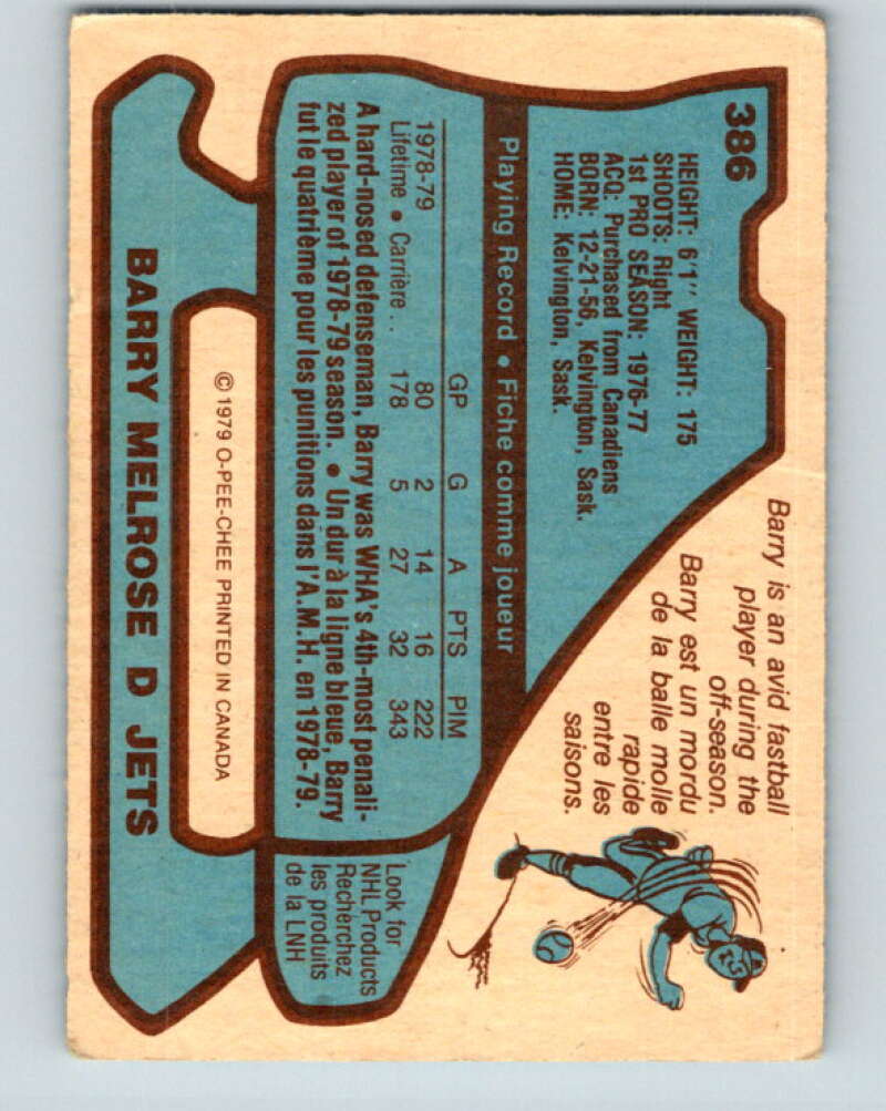1979-80 O-Pee-Chee #386 Barry Melrose RC Rookie Winnipeg Jets V20684