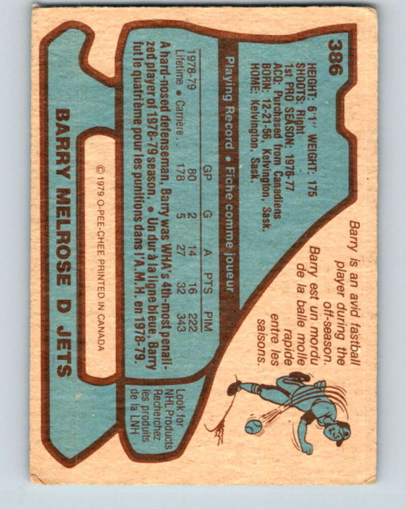 1979-80 O-Pee-Chee #386 Barry Melrose RC Rookie Winnipeg Jets V20686