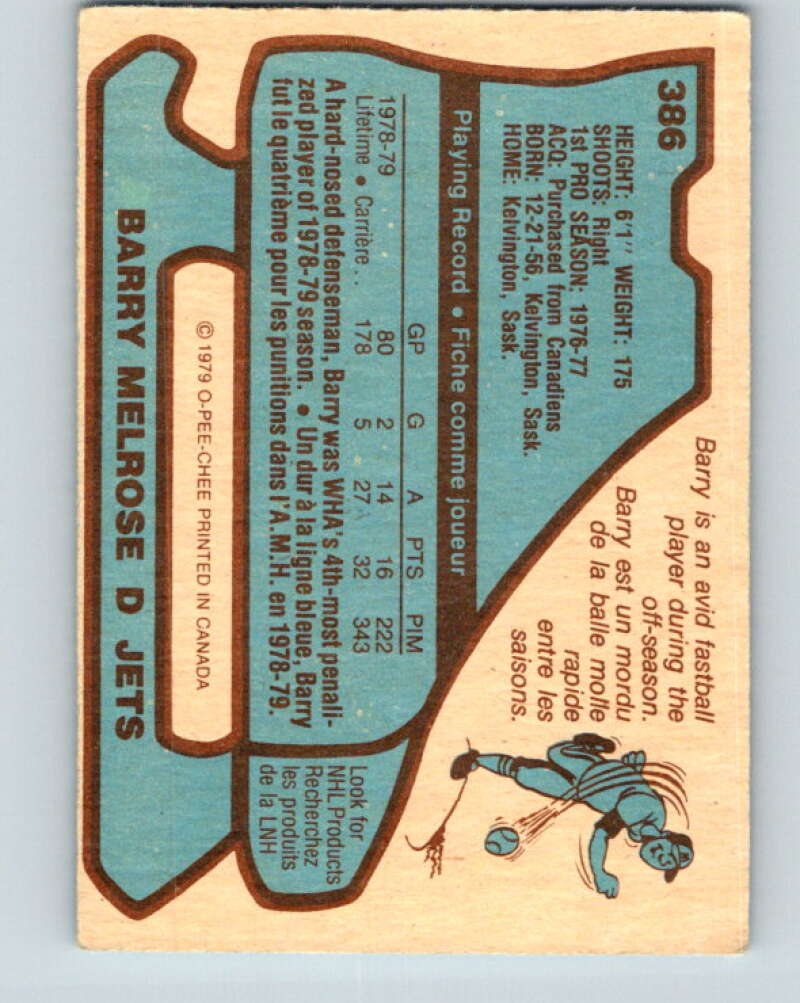 1979-80 O-Pee-Chee #386 Barry Melrose RC Rookie Winnipeg Jets V20688