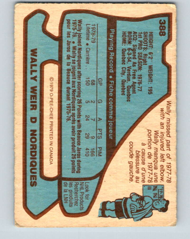 1979-80 O-Pee-Chee #388 Wally Weir RC Rookie Quebec Nordiques V20702