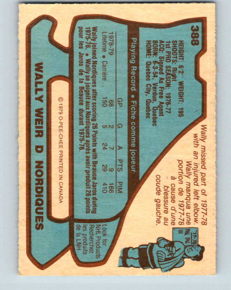 1979-80 O-Pee-Chee #388 Wally Weir RC Rookie Quebec Nordiques V20706