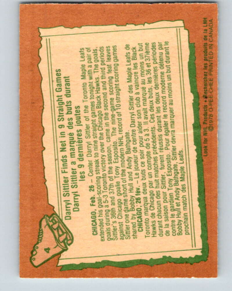 1978-79 O-Pee-Chee #4 Darryl Sittler Toronto Maple Leafs V20820