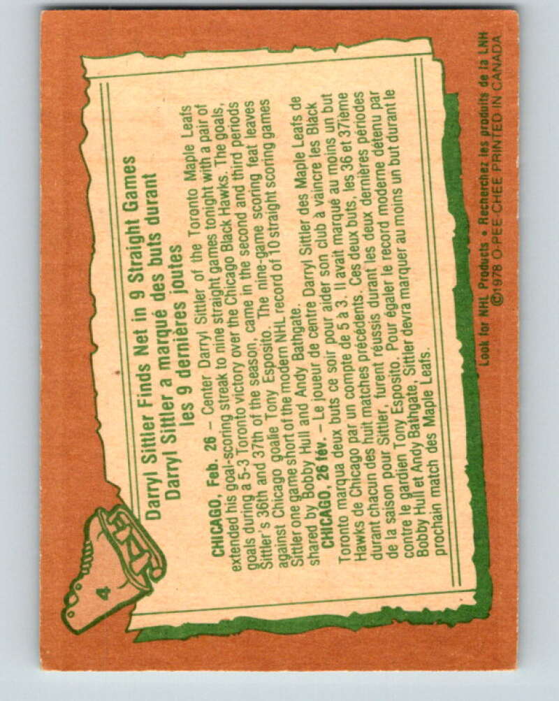 1978-79 O-Pee-Chee #4 Darryl Sittler Toronto Maple Leafs V20829