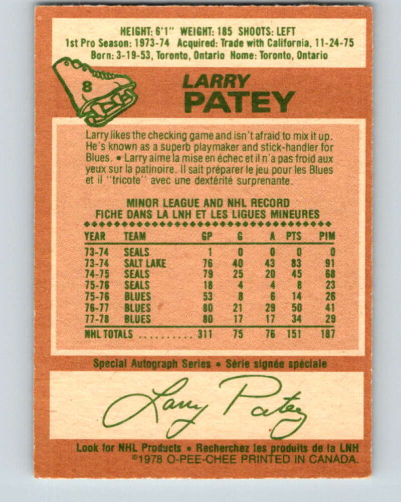 1978-79 O-Pee-Chee #8 Larry Patey St. Louis Blues V20877
