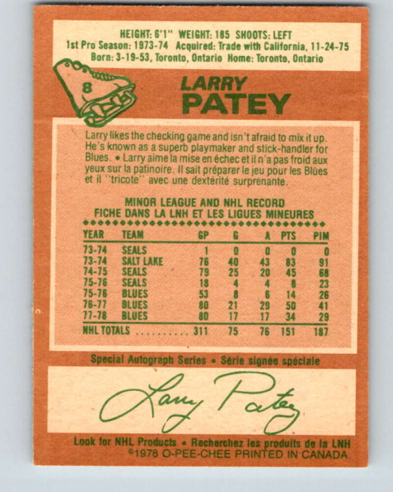 1978-79 O-Pee-Chee #8 Larry Patey St. Louis Blues V20879