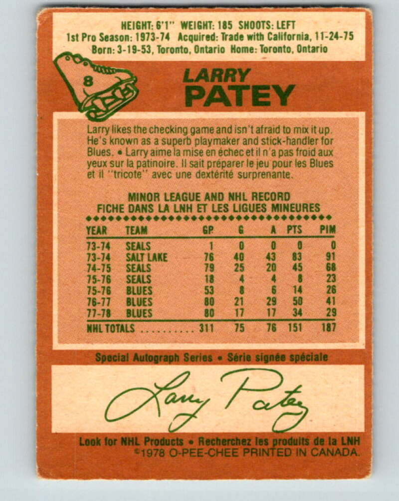 1978-79 O-Pee-Chee #8 Larry Patey St. Louis Blues V20881