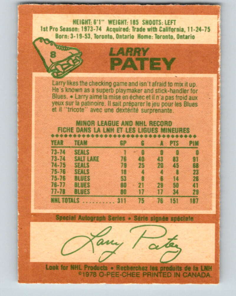 1978-79 O-Pee-Chee #8 Larry Patey St. Louis Blues V20884