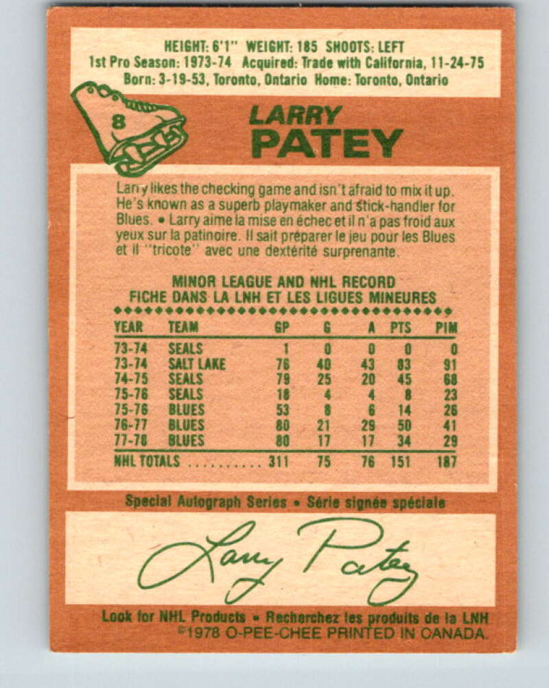 1978-79 O-Pee-Chee #8 Larry Patey St. Louis Blues V20885