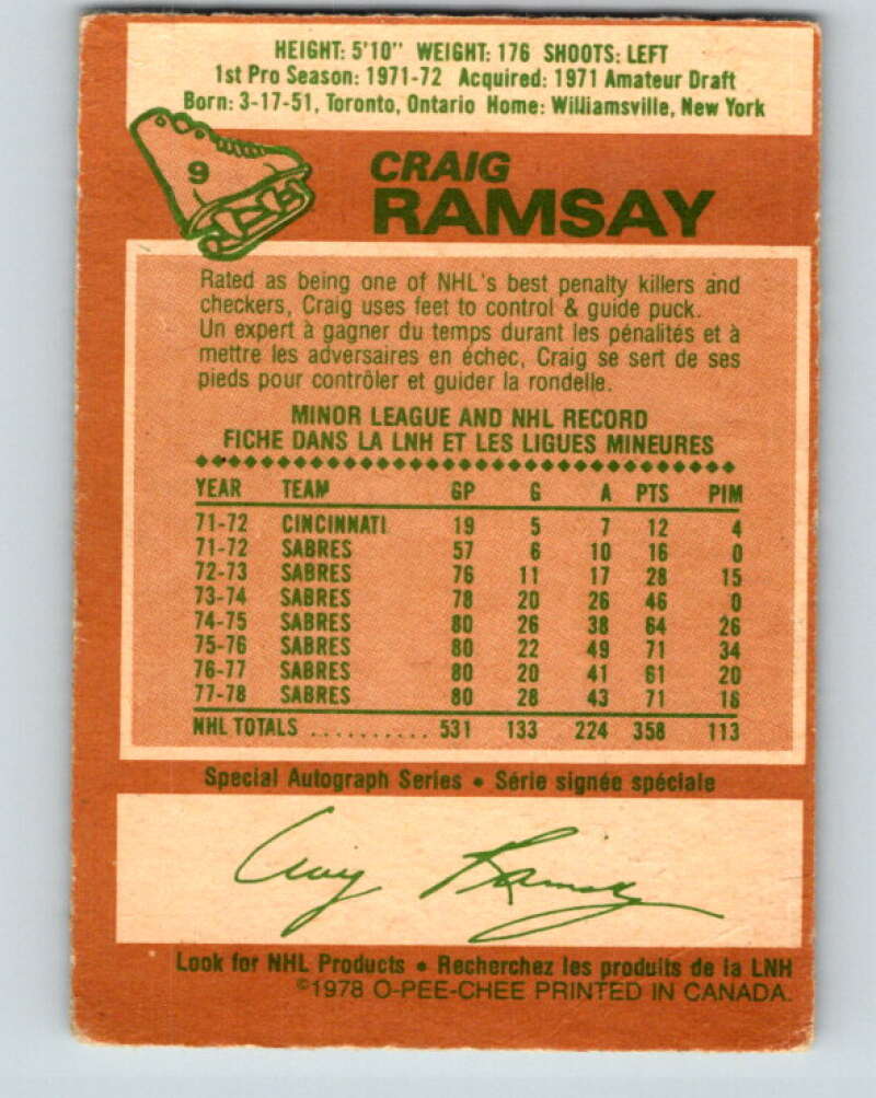 1978-79 O-Pee-Chee #9 Craig Ramsay Buffalo Sabres V20889