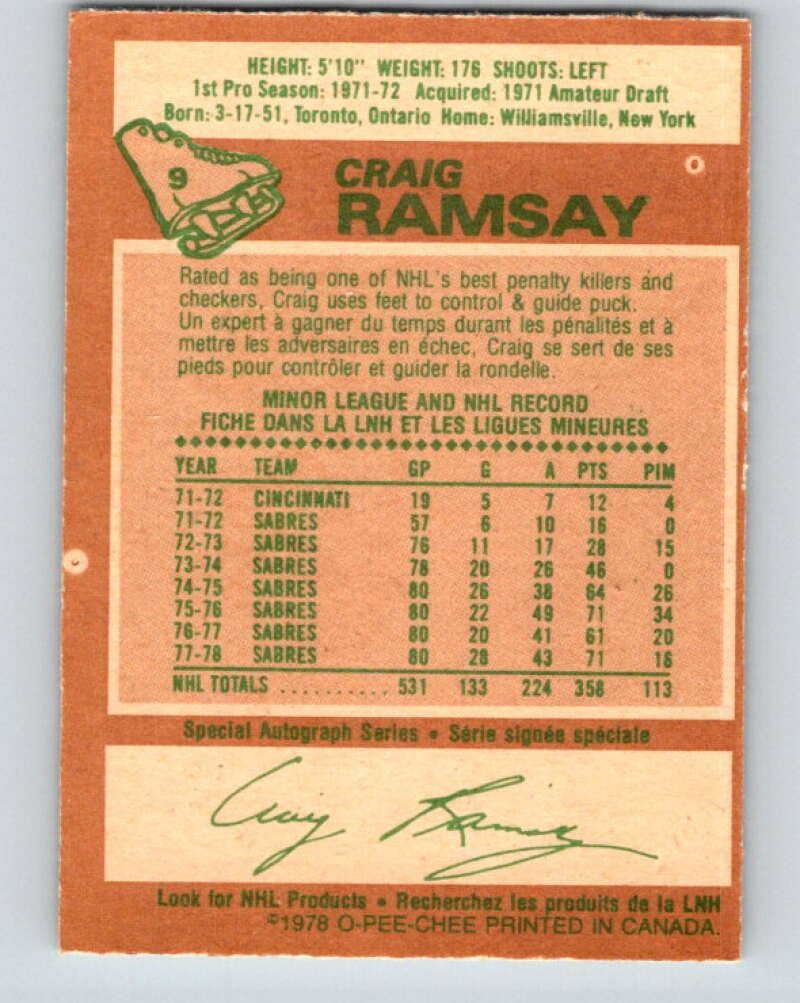 1978-79 O-Pee-Chee #9 Craig Ramsay Buffalo Sabres V20893