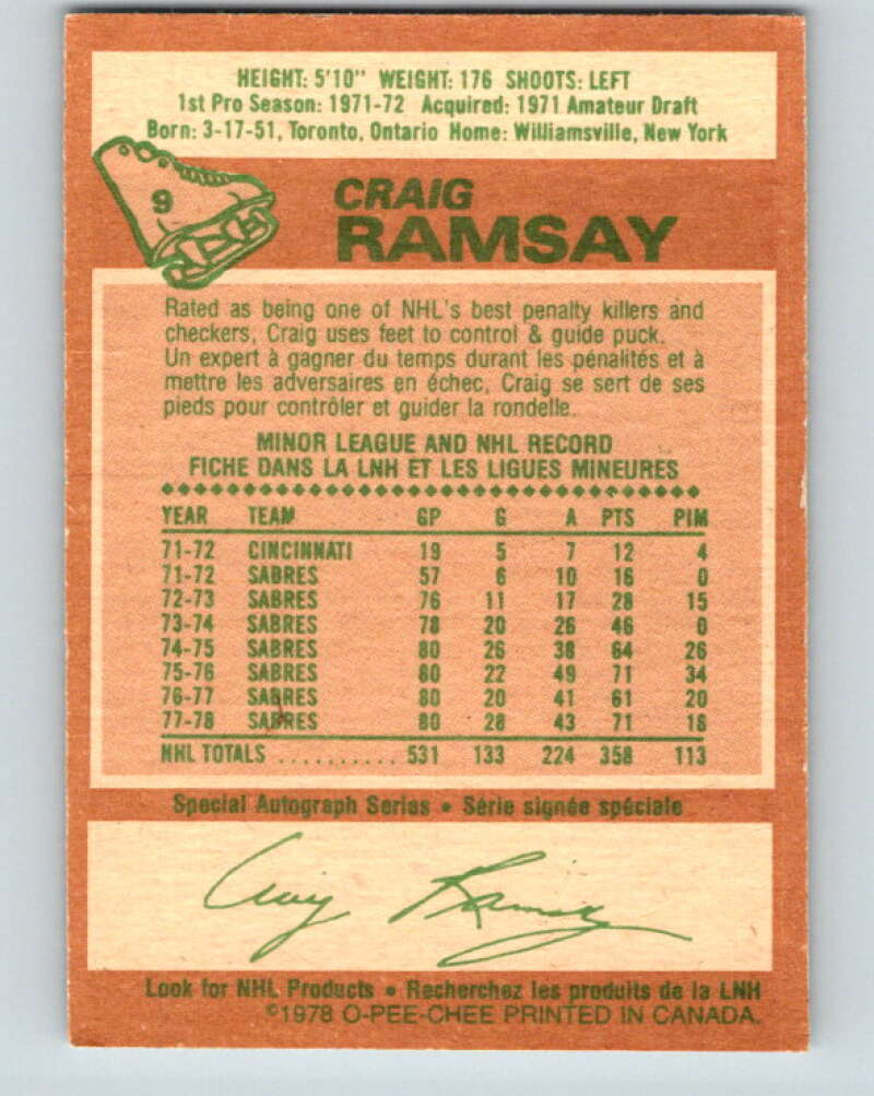 1978-79 O-Pee-Chee #9 Craig Ramsay Buffalo Sabres V20894