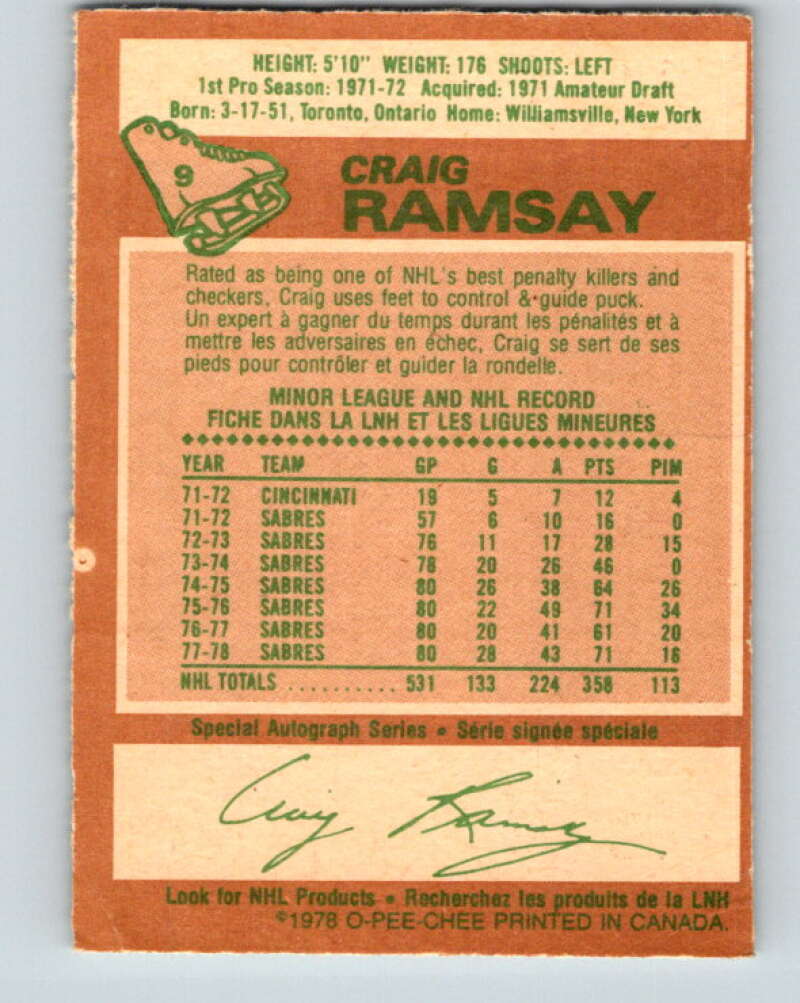 1978-79 O-Pee-Chee #9 Craig Ramsay Buffalo Sabres V20895