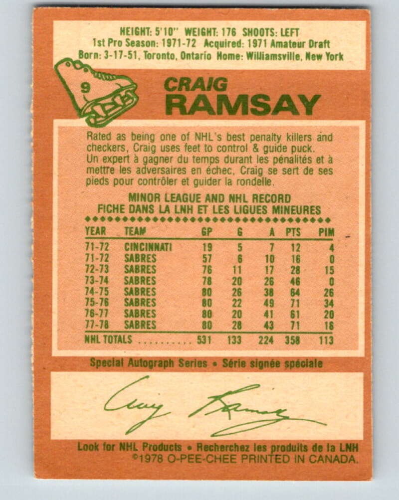 1978-79 O-Pee-Chee #9 Craig Ramsay Buffalo Sabres V20898