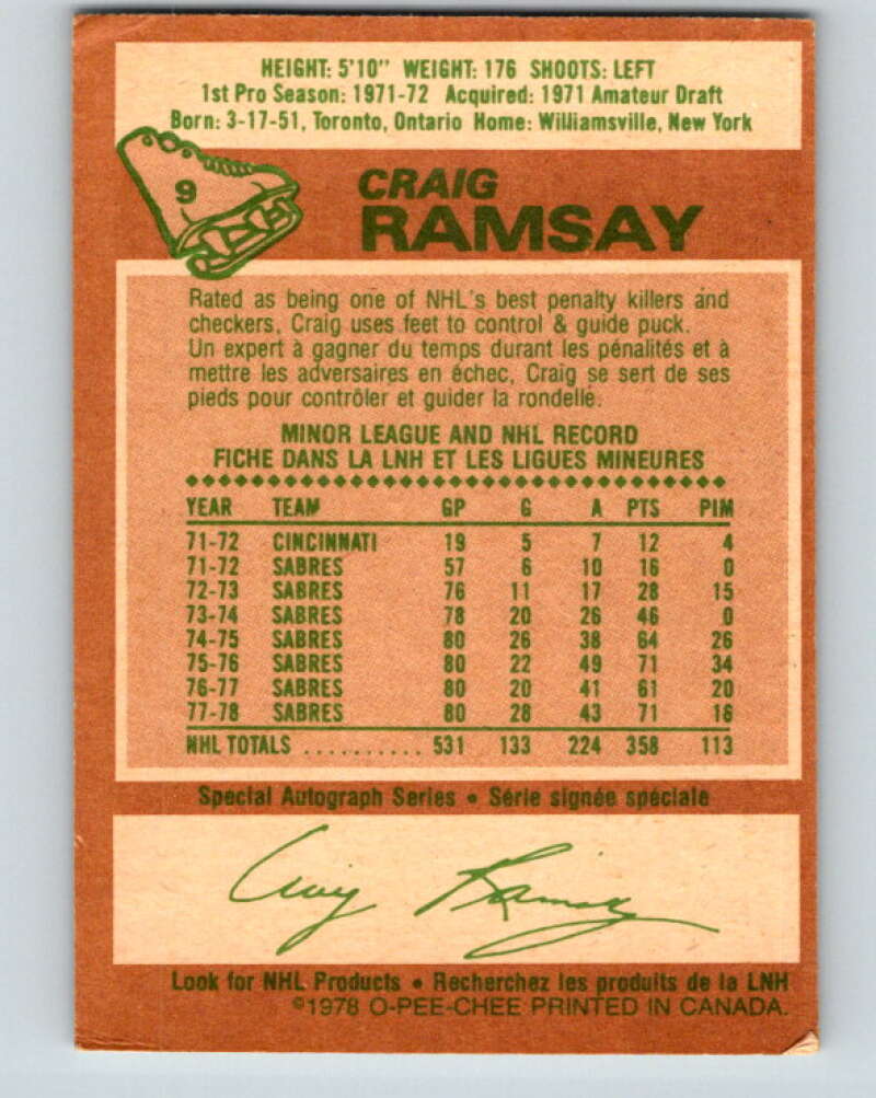 1978-79 O-Pee-Chee #9 Craig Ramsay Buffalo Sabres V20900