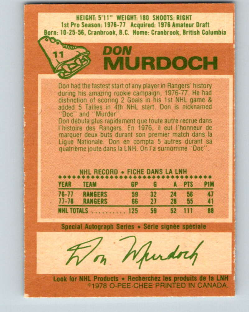 1978-79 O-Pee-Chee #11 Don Murdoch New York Rangers V20911