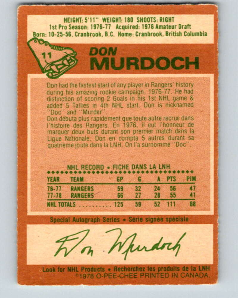 1978-79 O-Pee-Chee #11 Don Murdoch New York Rangers V20913
