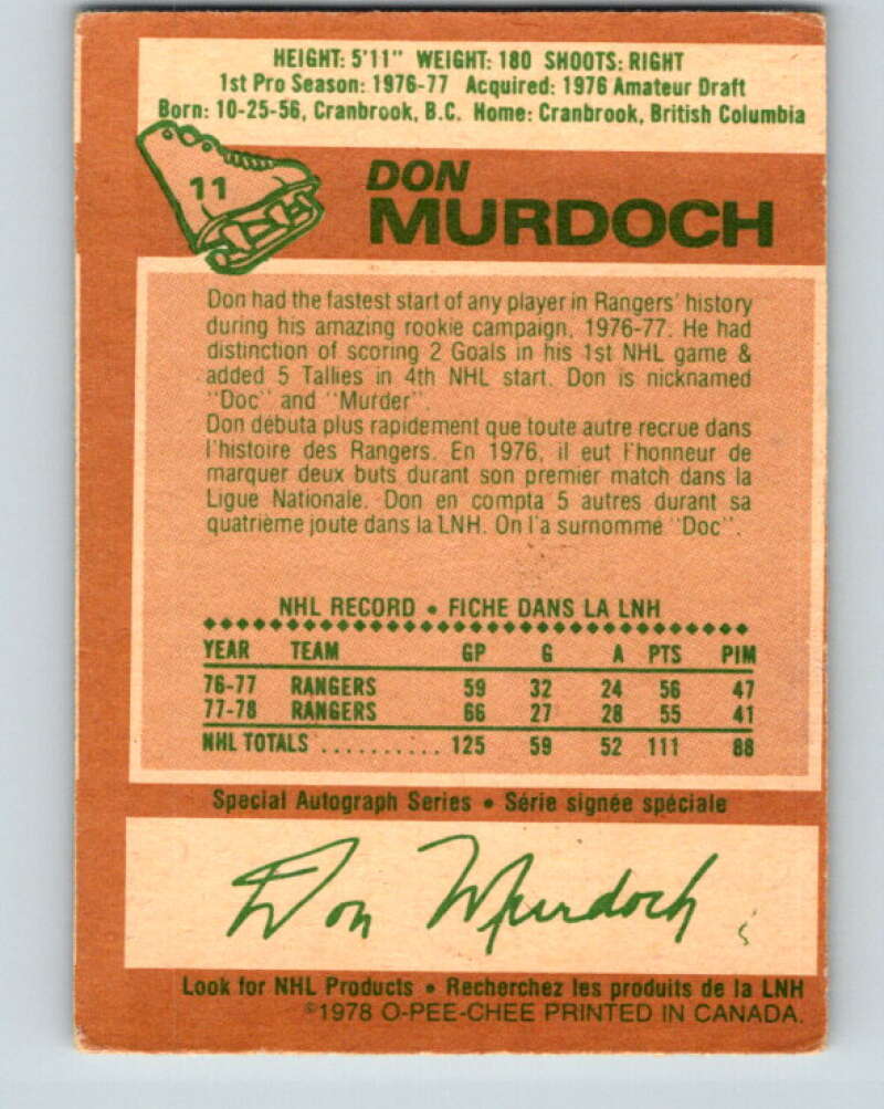 1978-79 O-Pee-Chee #11 Don Murdoch New York Rangers V20914