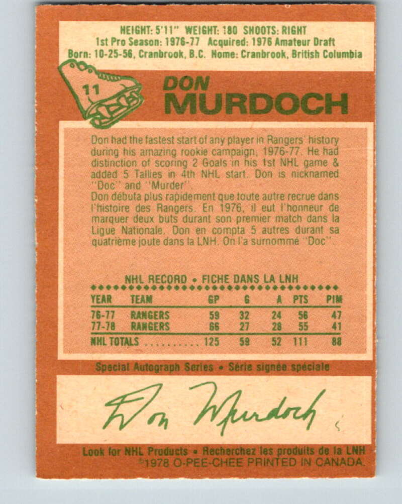 1978-79 O-Pee-Chee #11 Don Murdoch New York Rangers V20916