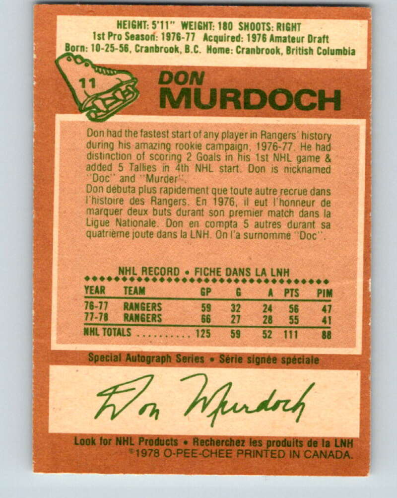 1978-79 O-Pee-Chee #11 Don Murdoch New York Rangers V20917