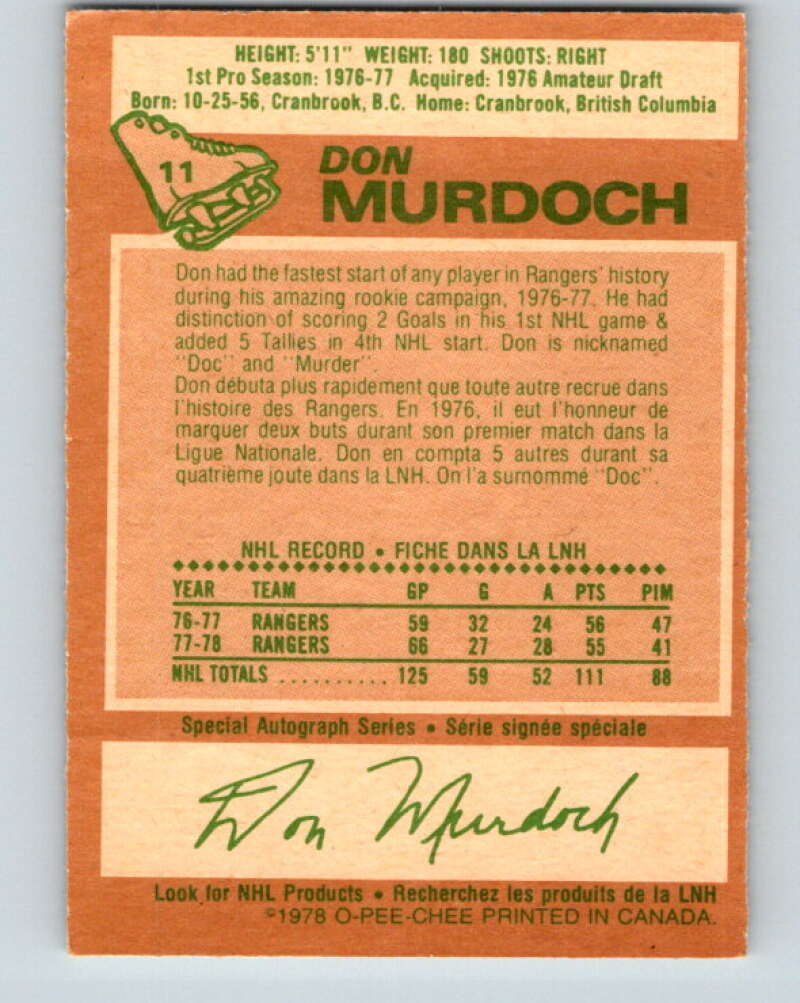 1978-79 O-Pee-Chee #11 Don Murdoch New York Rangers V20921