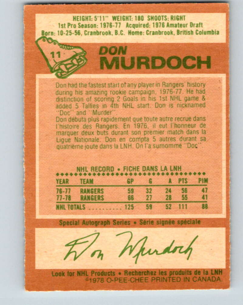 1978-79 O-Pee-Chee #11 Don Murdoch New York Rangers V20922