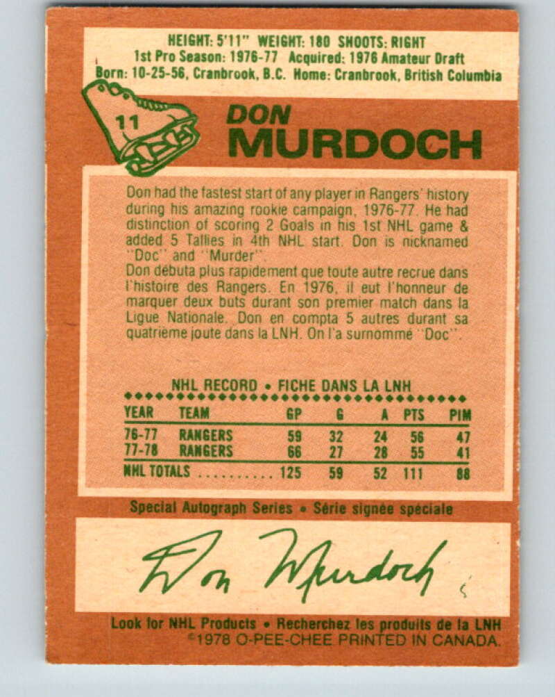 1978-79 O-Pee-Chee #11 Don Murdoch New York Rangers V20923
